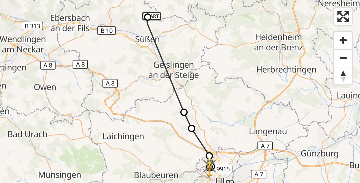 Flugroute Rettungshubschrauber Schwäbisch Gmünd - ADAC Air Rescue Station Ulm (Christoph 22), 30 August 2026, 11:41