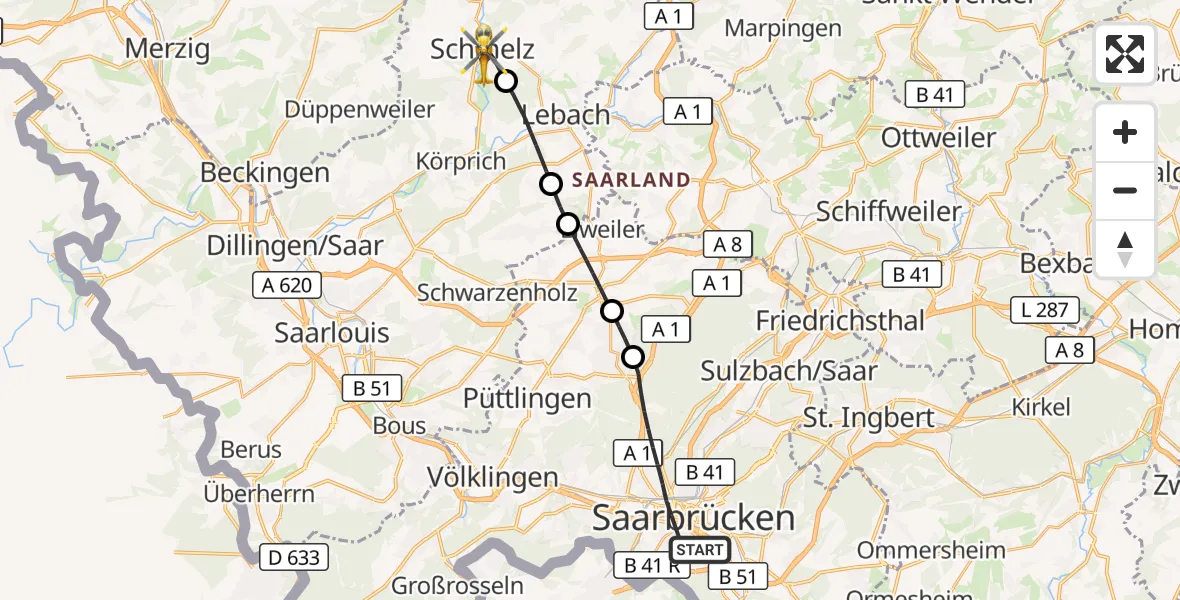 Flugroute Rettungshubschrauber Saarbrücken - Schmelz, 30 August 2026, 11:48