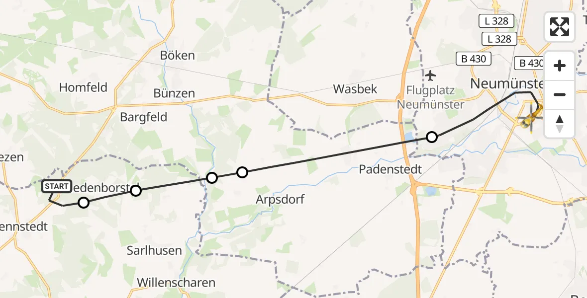 Flugroute Ambulanzhubschrauber Hennstedt - Neumünster, 30 August 2026, 11:49