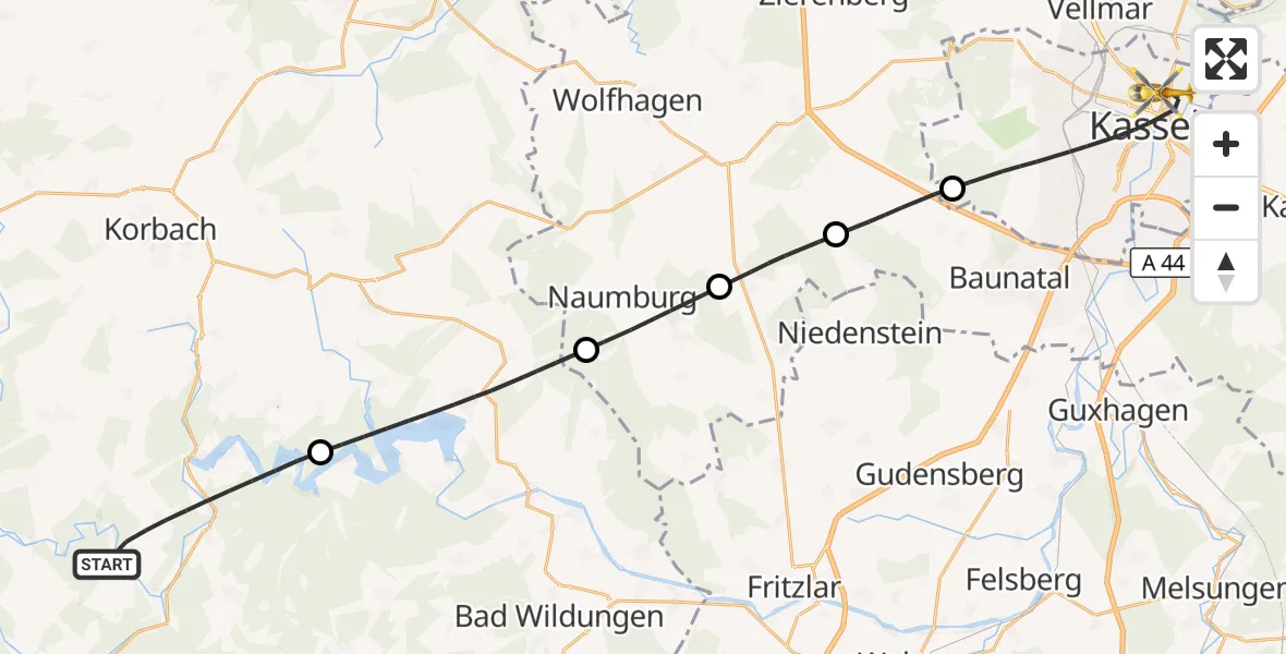 Flugroute Rettungshubschrauber Vöhl - Kassel, 30 August 2026, 11:51
