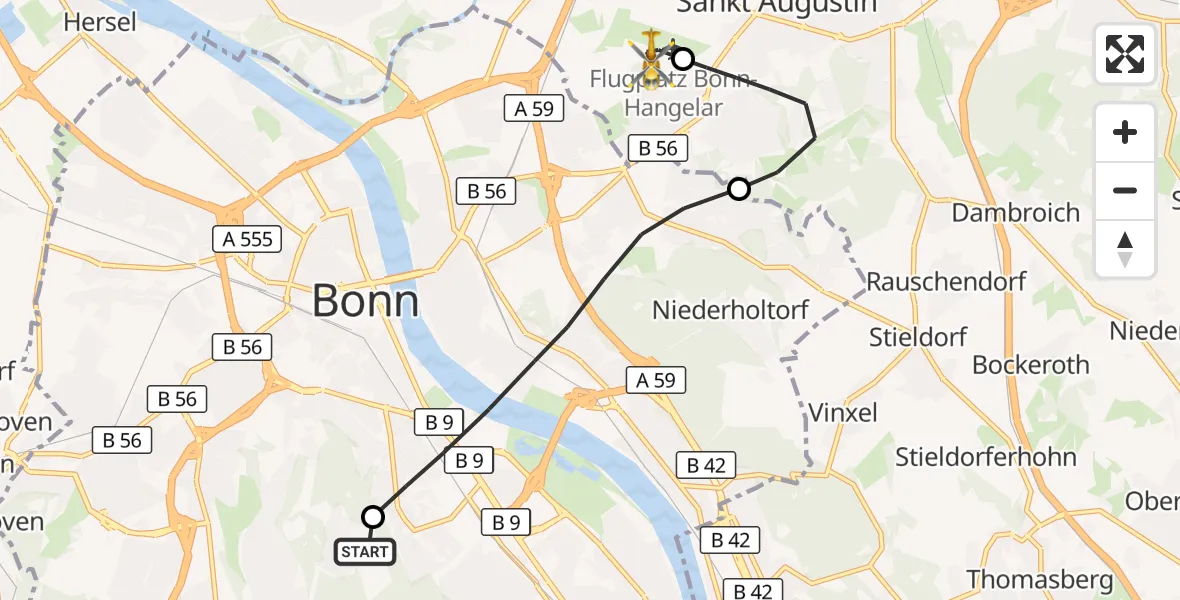 Flugroute Ambulanzhubschrauber Bonn University Hospital - Bonn-Hangelar Flugplatz, 30 August 2026, 11:55