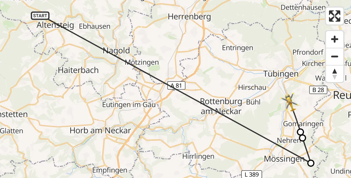 Flugroute Ambulanzhubschrauber Altensteig - Gomaringen, 30 August 2026, 12:05