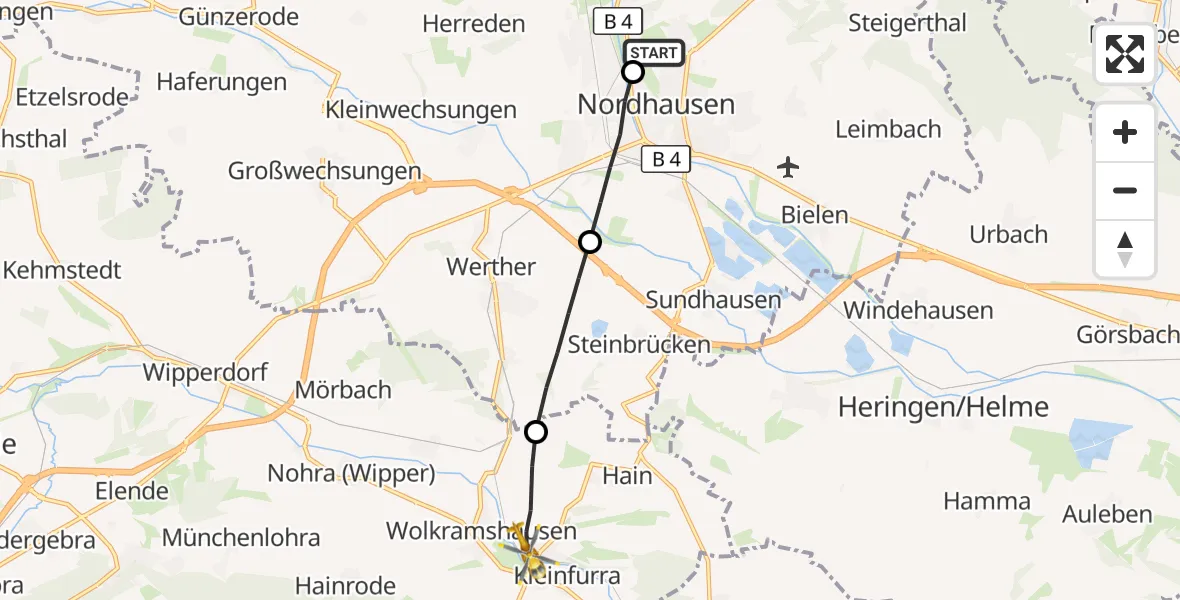 Flugroute Rettungshubschrauber Südharz Hospital Nordhausen - Kleinfurra, 30 August 2026, 12:12
