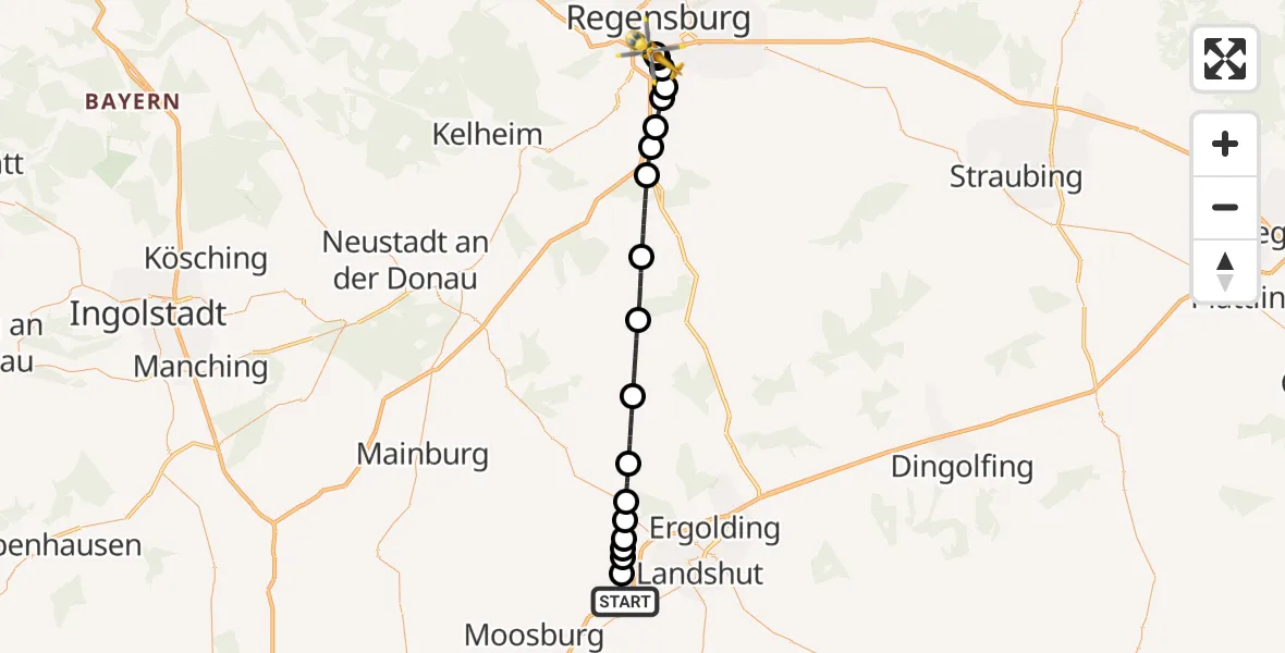 Flugroute Rettungshubschrauber Landshut - DRF Air Rescue Station Regensburg / Regensburg University Hospital, 30 August 2026, 12:12