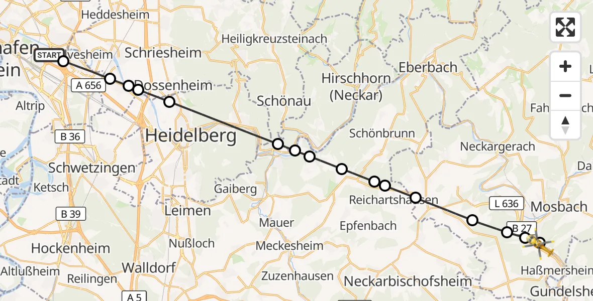 Flugroute Rettungshubschrauber Mannheim-City Flughafen - Neckarzimmern, 30 August 2026, 12:13