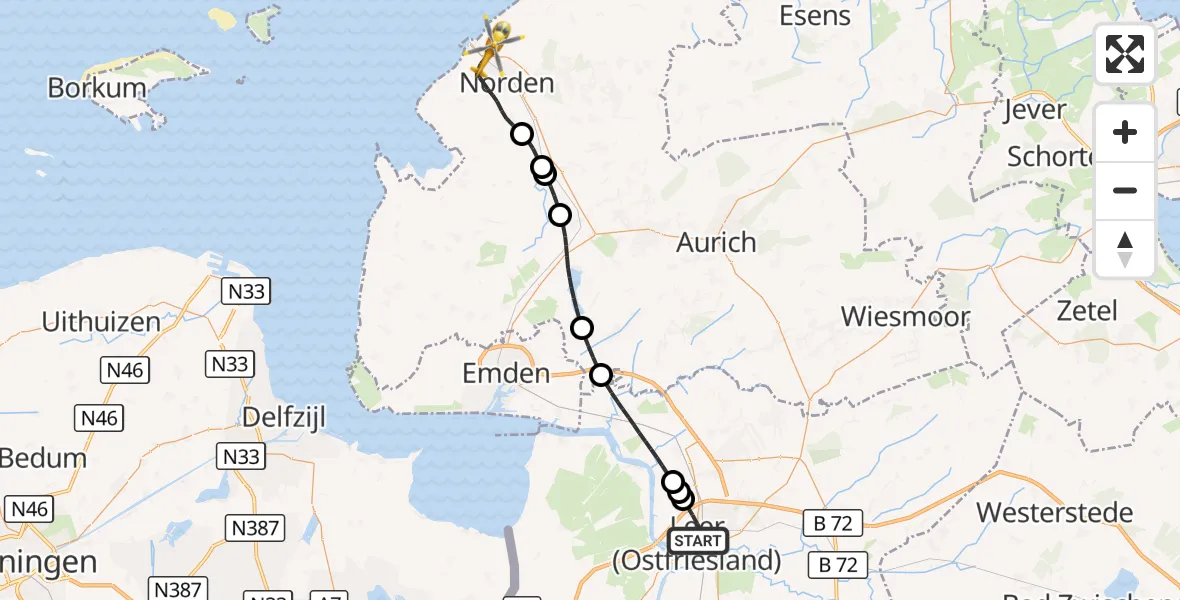 Flugroute Ambulanzhubschrauber Leer (Ostfriesland) - Norden, 30 August 2026, 12:23