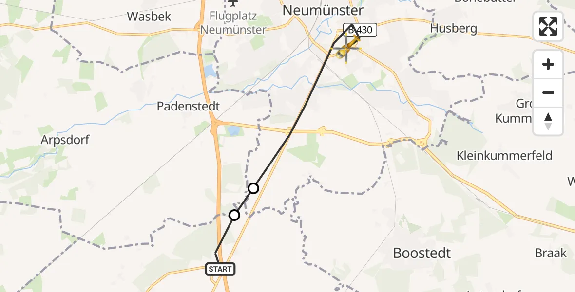 Flugroute Rettungshubschrauber Großenaspe - Neumünster, 30 August 2026, 12:27