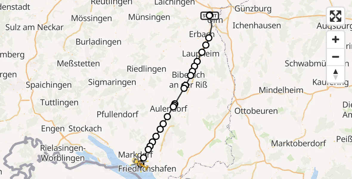 Flugroute Rettungshubschrauber Ulm Military Hospital Emergency - Friedrichshafen Hospital, 30 August 2026, 12:31