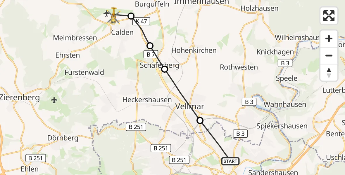 Flugroute Rettungshubschrauber Kassel - Kassel Flughafen, 30 August 2026, 12:31