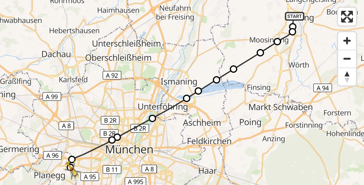 Flugroute Rettungshubschrauber Erding - DRF Air Rescue München Hubschrauberlandeplatz, 30 August 2026, 12:32