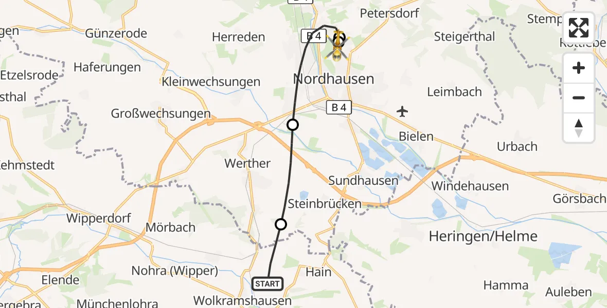 Flugroute Rettungshubschrauber Kleinfurra - Südharz Hospital Nordhausen, 30 August 2026, 12:36