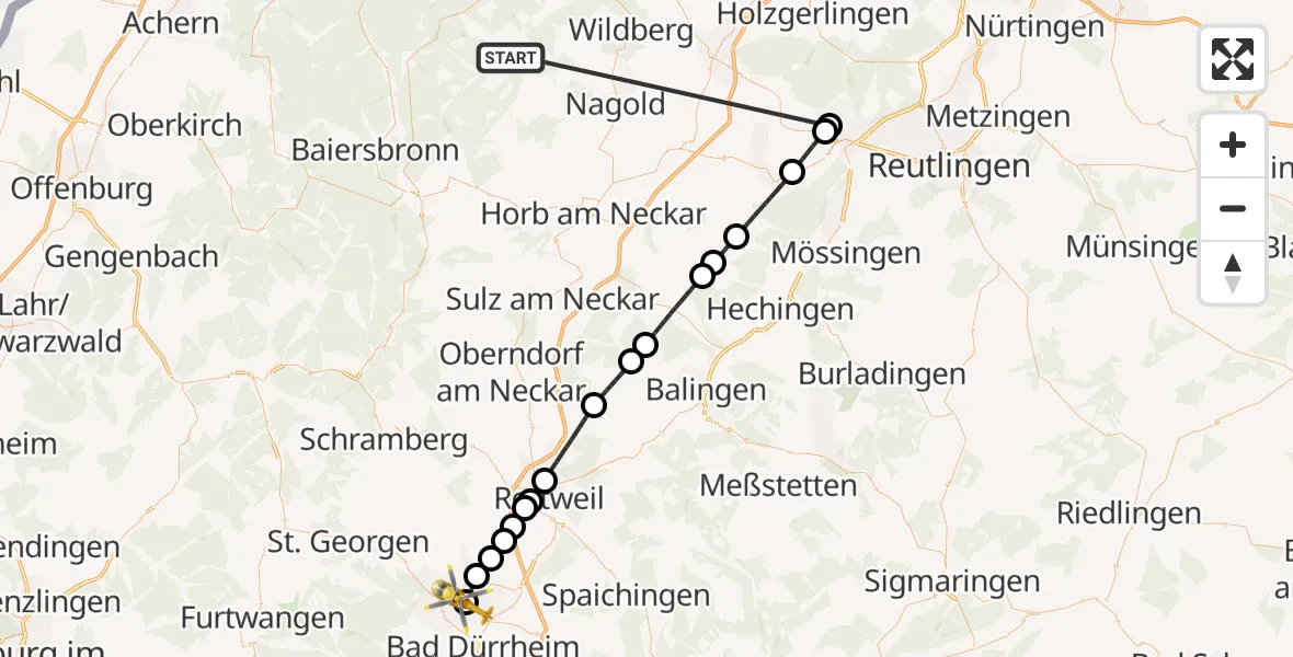 Flugroute Ambulanzhubschrauber Altensteig - DRF Air Rescue Station Villingen-Schwenningen Hubschrauberlandeplatz (Christoph 11), 30 August 2026, 12:43