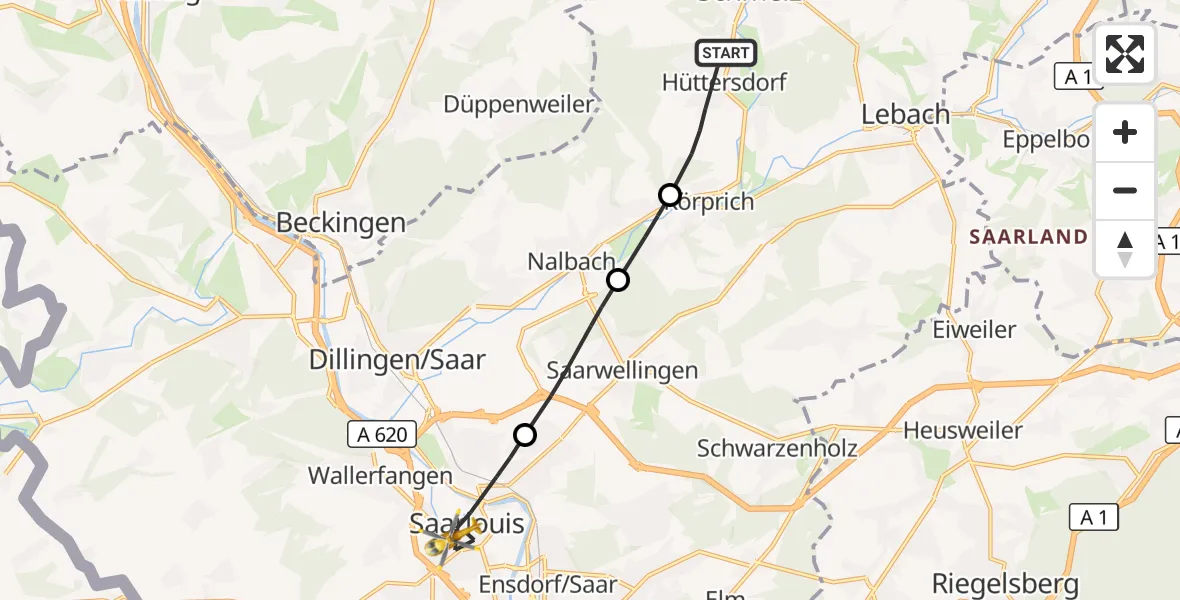 Flugroute Rettungshubschrauber Schmelz - Saarlouis, 30 August 2026, 12:44