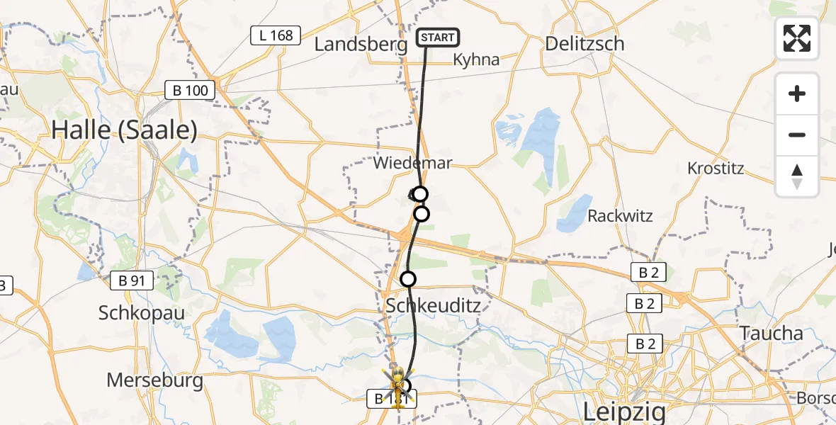 Flugroute Rettungshubschrauber Wiedemar - ADAC Air Rescue Station Leipzig/Schkeuditz-Dölzig Hubschrauberlandeplatz (Christoph 61), 30 August 2026, 12:55