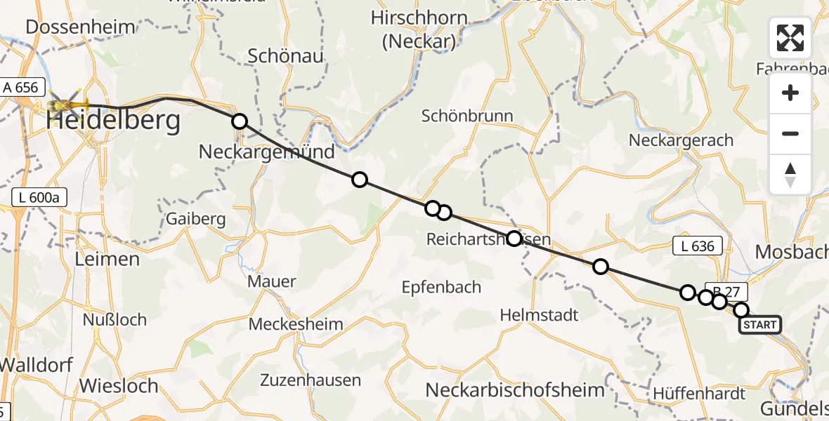 Flugroute Rettungshubschrauber Neckarzimmern - Heidelberg, 30 August 2026, 13:00