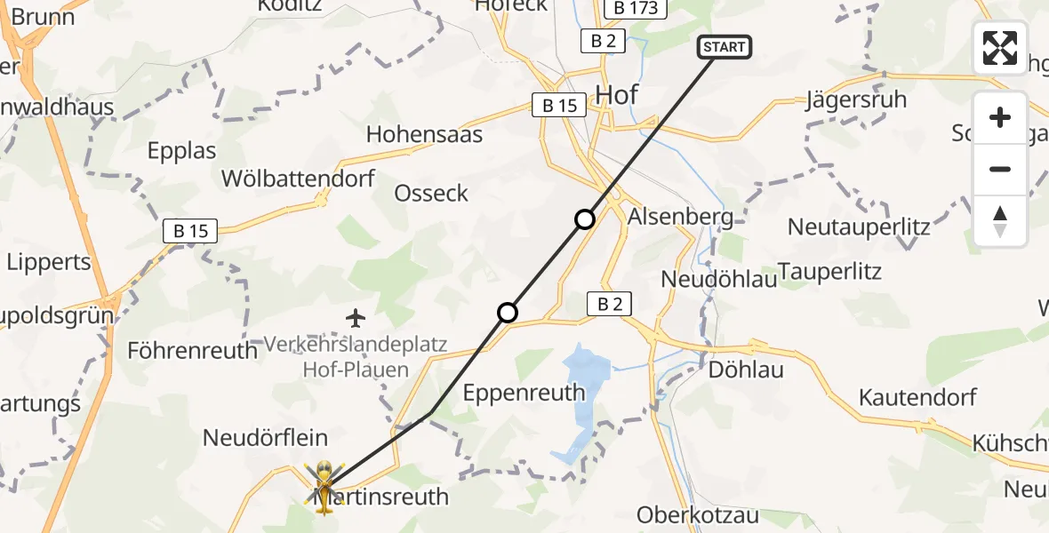 Flugroute Rettungshubschrauber Hof - Konradsreuth, 30 August 2026, 13:04