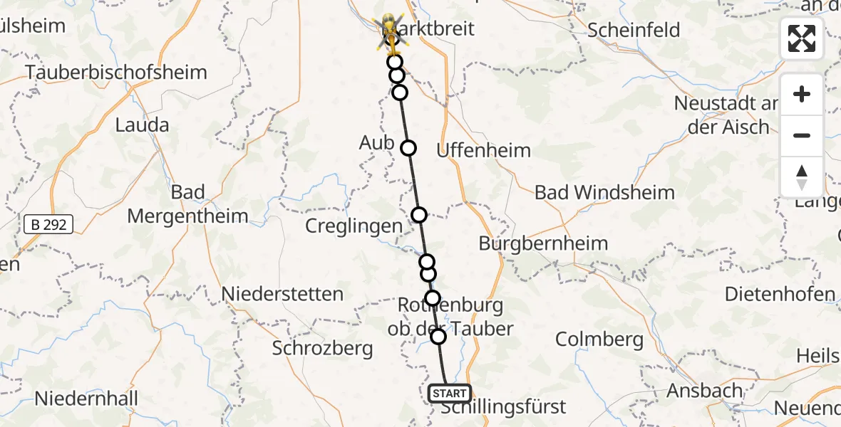 Flugroute Rettungshubschrauber Insingen - Ochsenfurt Hospital, 30 August 2026, 13:13