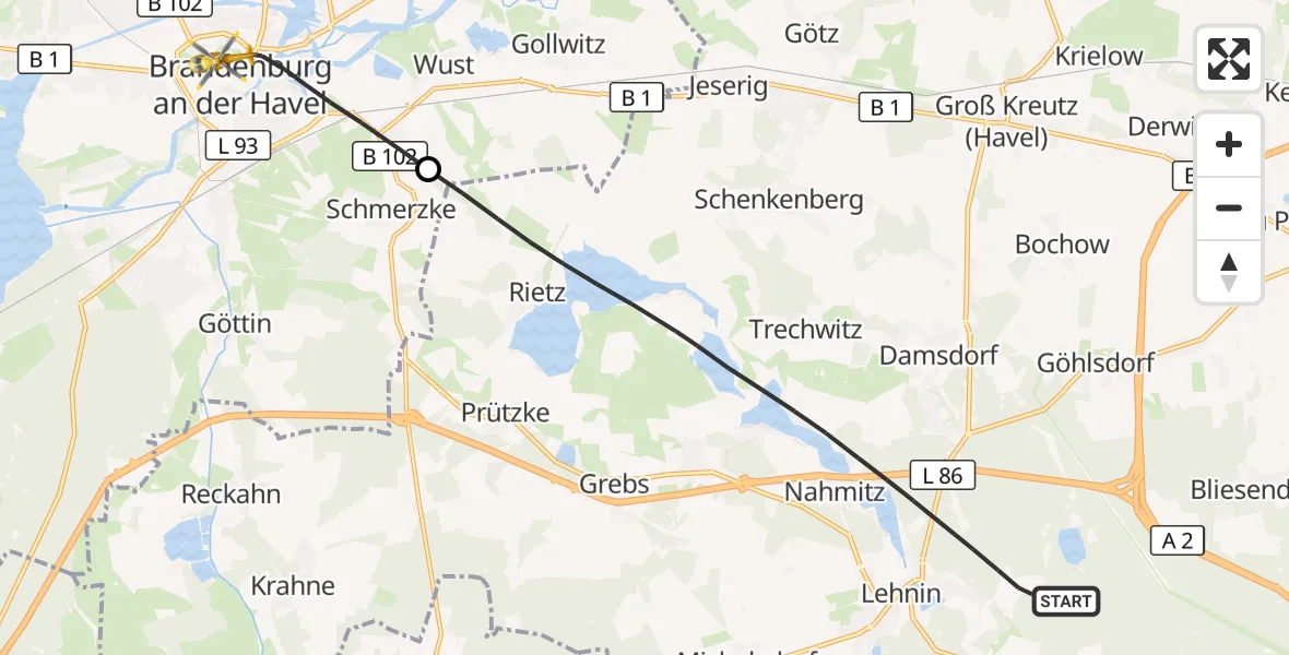 Flugroute Rettungshubschrauber Kloster Lehnin - Brandenburg an der Havel, 30 August 2026, 13:13
