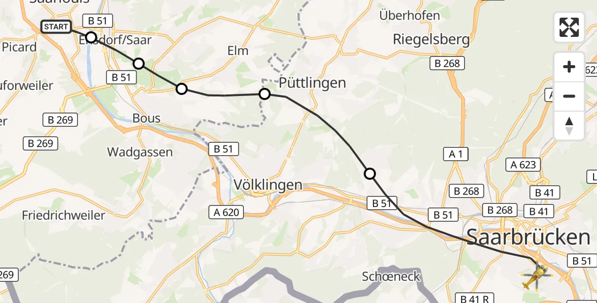 Flugroute Rettungshubschrauber Saarlouis - Saarbrücken, 30 August 2026, 13:15