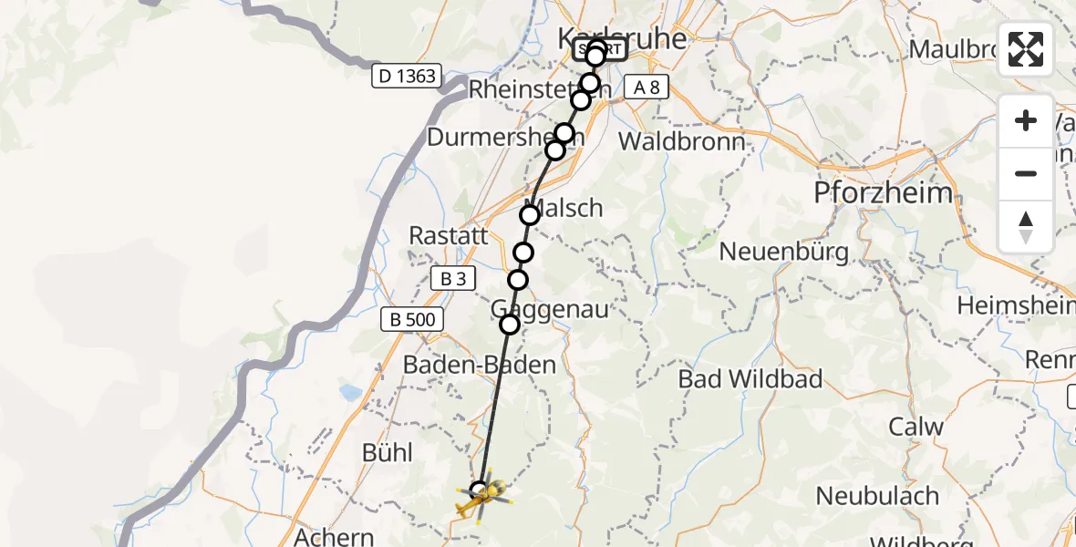 Flugroute Ambulanzhubschrauber Sankt Vincentius Hospital - Bühl, 30 August 2026, 13:19