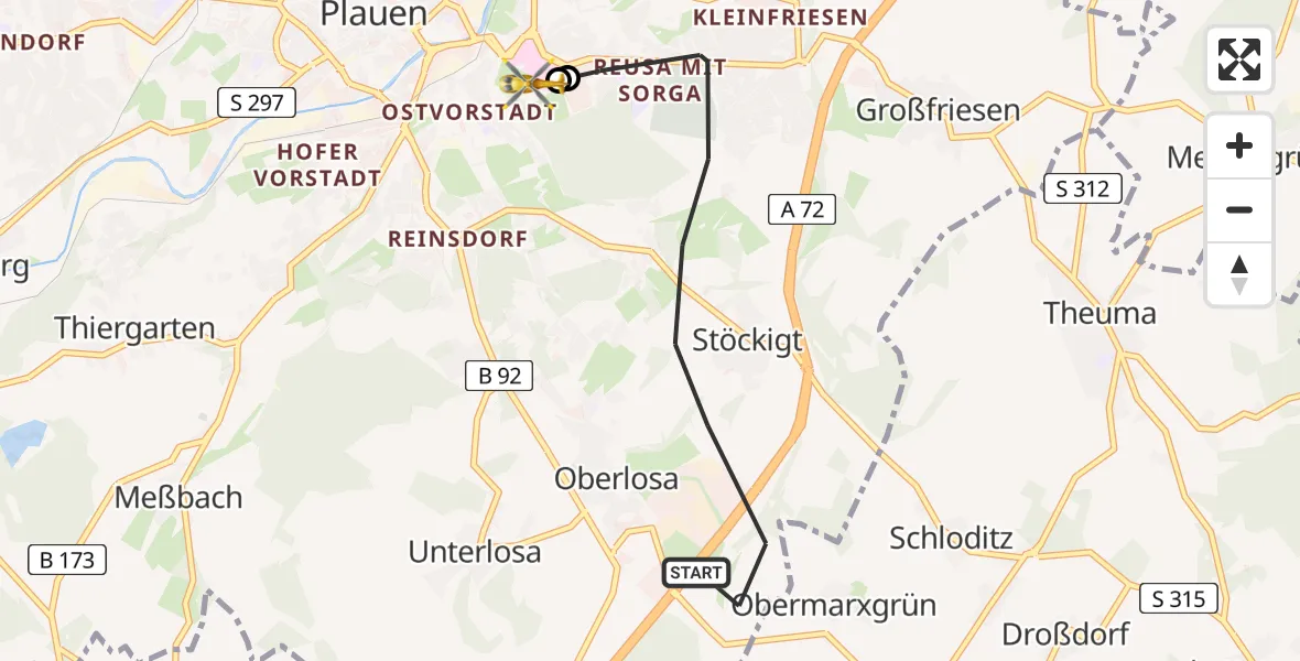 Flugroute Rettungshubschrauber Plauen - Helios Clinic Plauen, 30 August 2026, 13:21