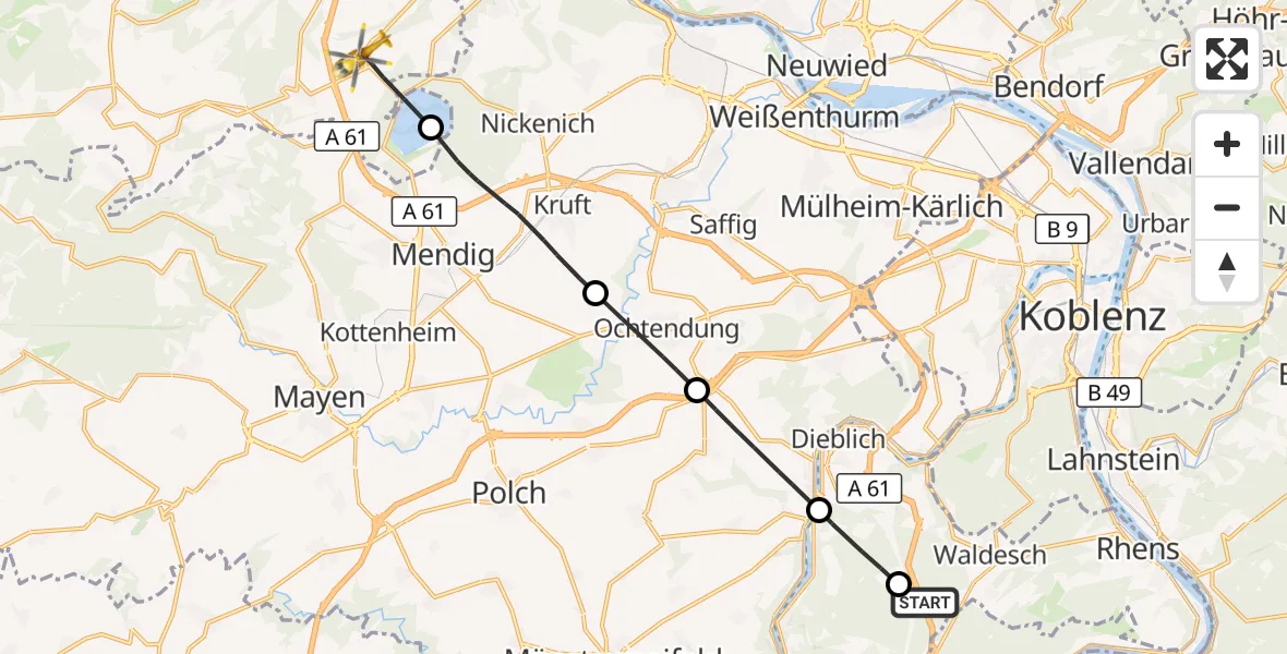 Flugroute Rettungshubschrauber Dieblich - Glees, 30 August 2026, 13:23