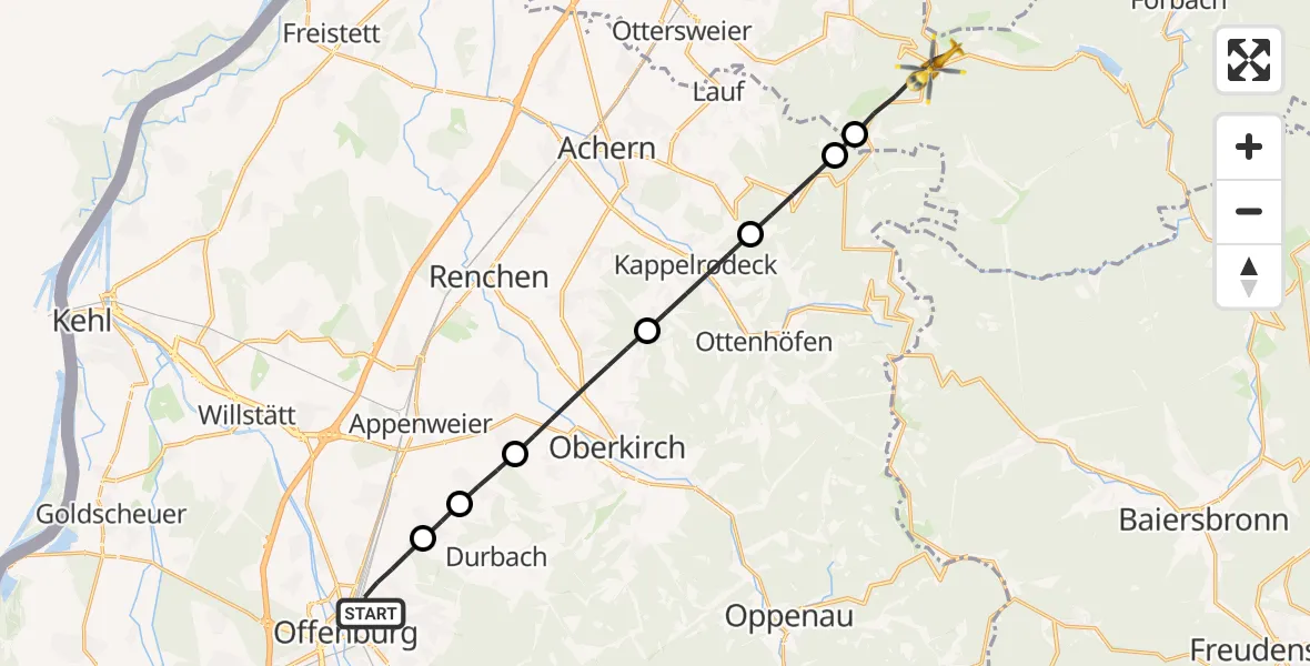 Flugroute Rettungshubschrauber Offenburg - Bühl, 30 August 2026, 13:34