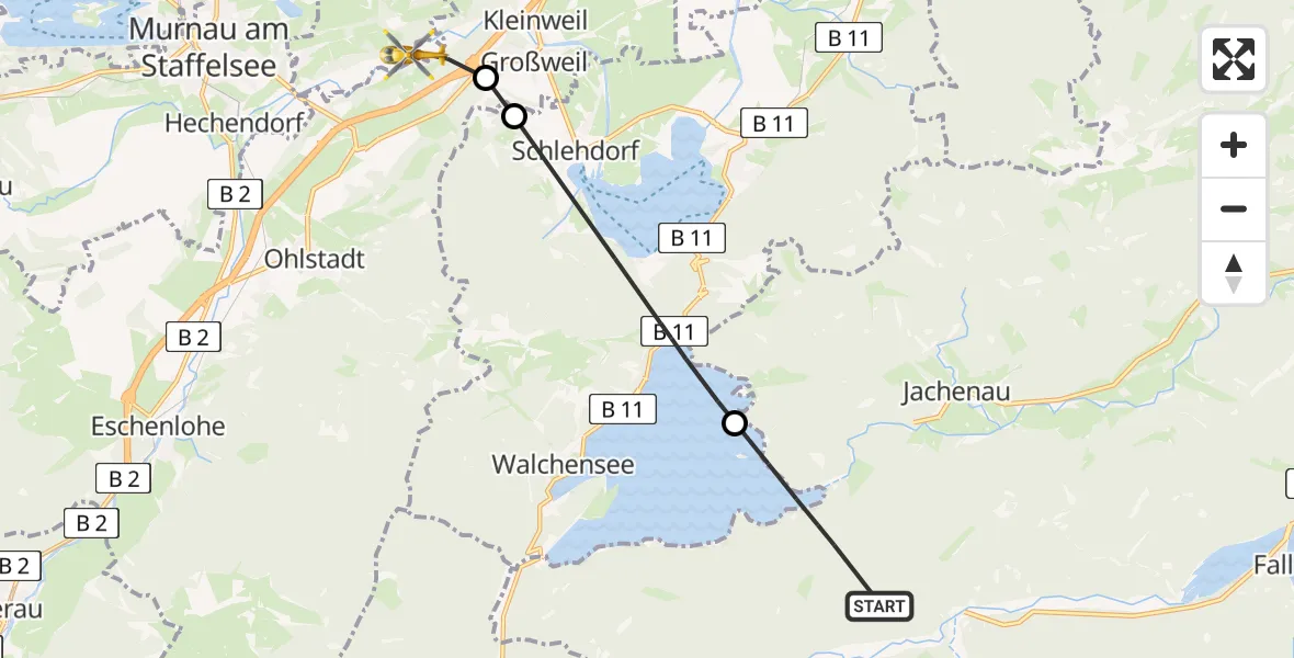 Flugroute Rettungshubschrauber Jachenau - Großweil, 30 August 2026, 13:39