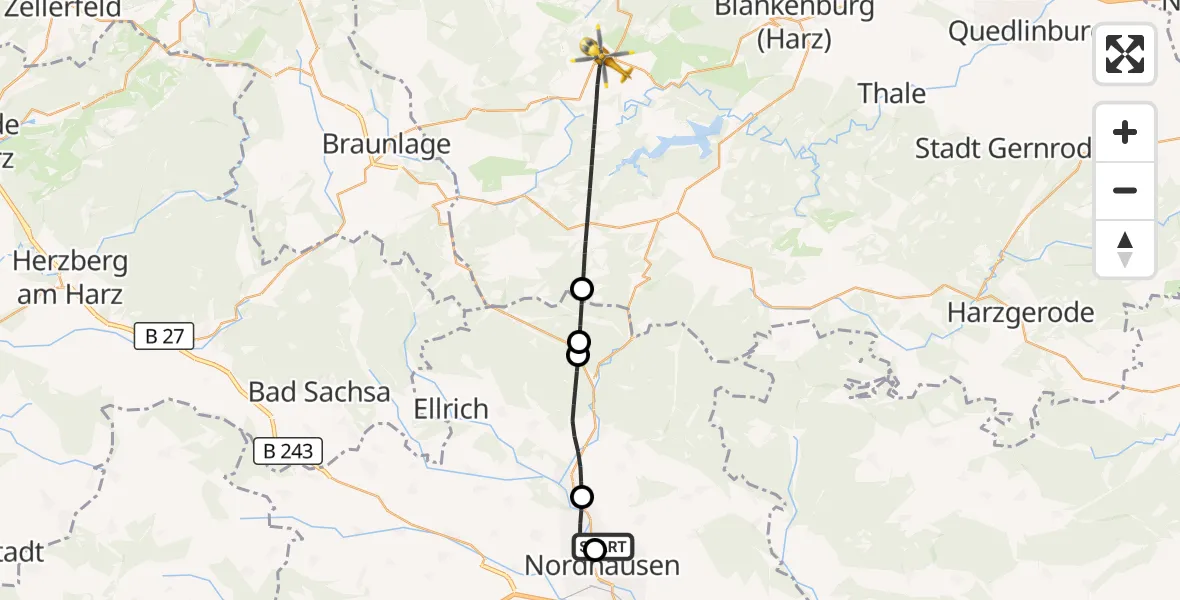 Flugroute Rettungshubschrauber Südharz Hospital Nordhausen - Oberharz am Brocken, 30 August 2026, 13:40
