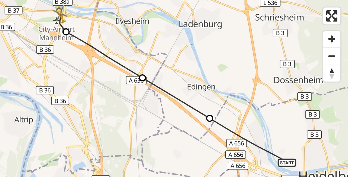 Flugroute Rettungshubschrauber Heidelberg - Mannheim-City Flughafen, 30 August 2026, 13:48