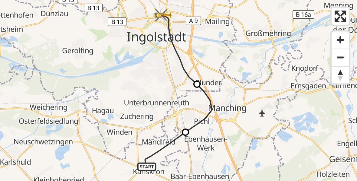Flugroute Rettungshubschrauber Karlskron - Ingolstadt, 30 August 2026, 13:53