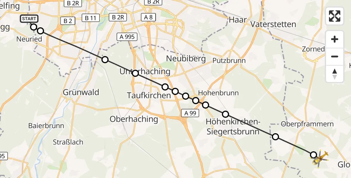 Flugroute Rettungshubschrauber DRF Air Rescue München Hubschrauberlandeplatz - Glonn, 30 August 2026, 13:55