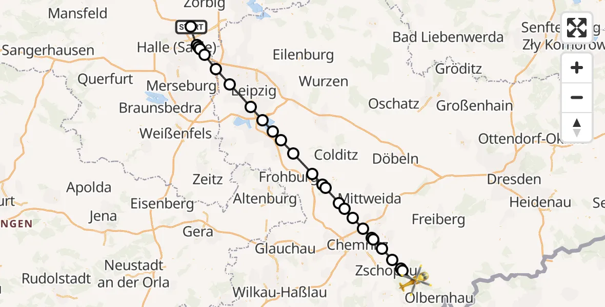 Flugroute Rettungshubschrauber Halle-Oppin Flugplatz - Pockau-Lengefeld, 30 August 2026, 14:09