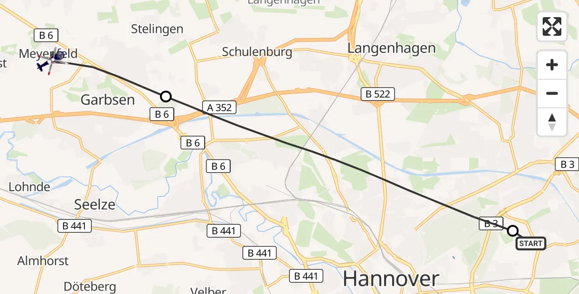 Flugroute Polizeihubschrauber Hannover Luftrettung Hubschrauberlandeplatz (Christoph 4) - Garbsen, 30 August 2026, 14:10