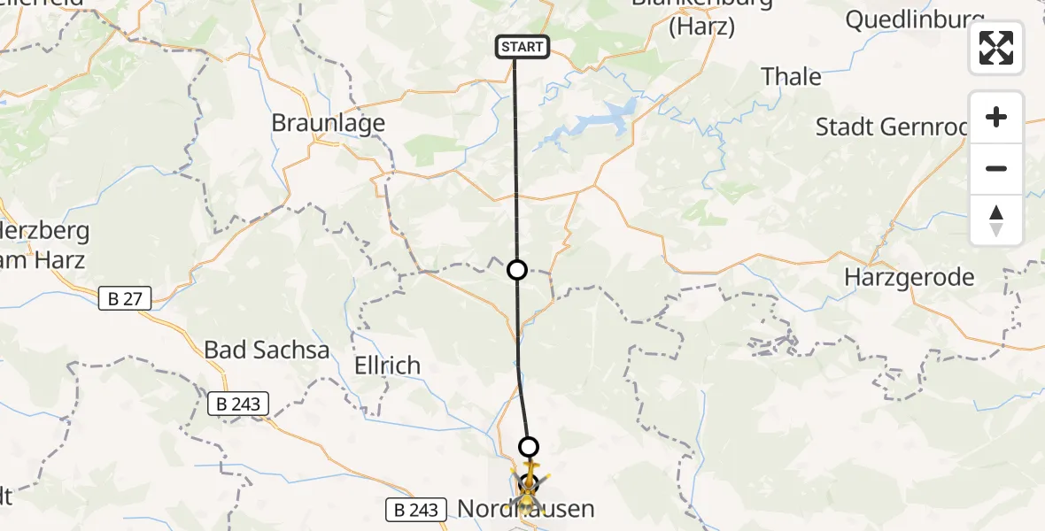 Flugroute Rettungshubschrauber Oberharz am Brocken - Südharz Hospital Nordhausen, 30 August 2026, 14:13