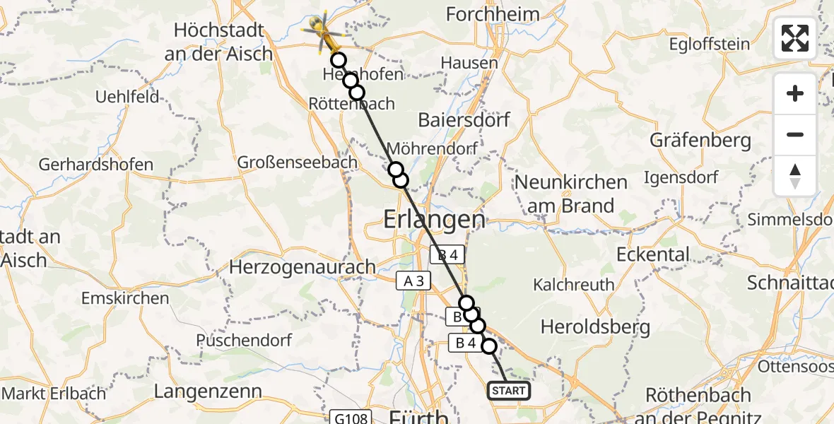 Flugroute Ambulanzhubschrauber Flughafen Nuremberg - Adelsdorf, 30 August 2026, 14:13