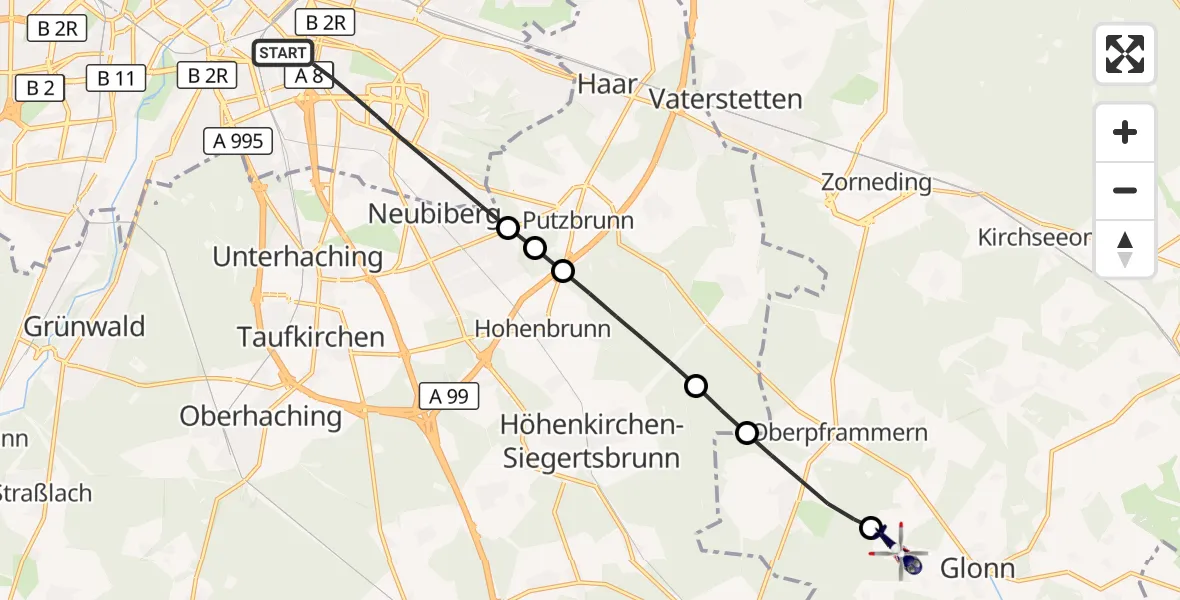 Flugroute Polizeihubschrauber München - Glonn, 30 August 2026, 14:13