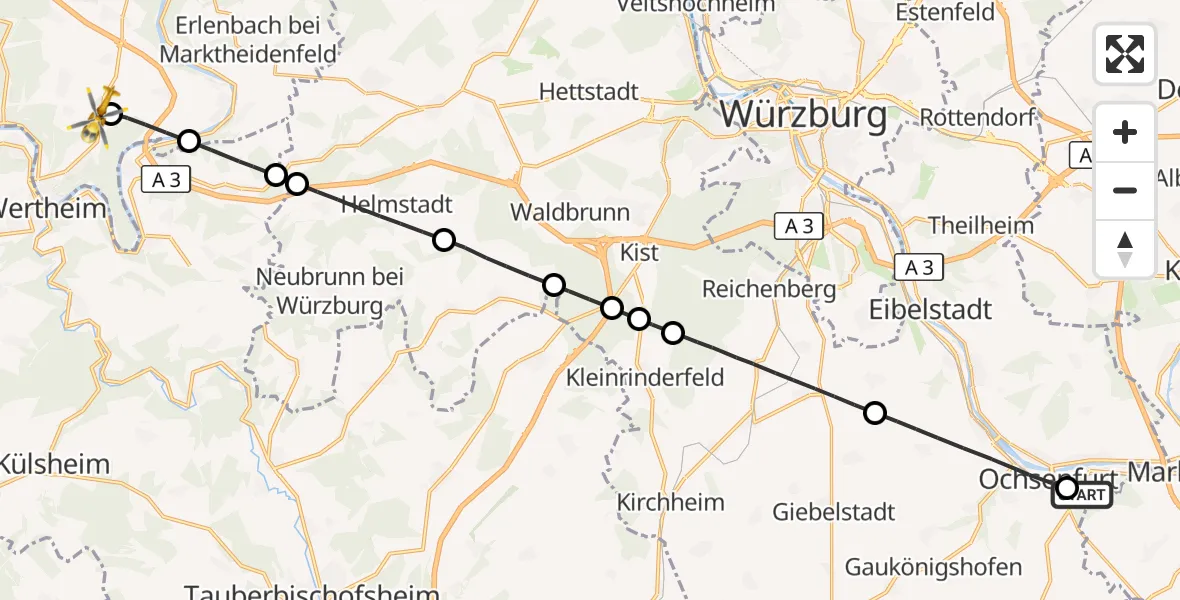 Flugroute Rettungshubschrauber Ochsenfurt Hospital - Kreuzwertheim, 30 August 2026, 14:15