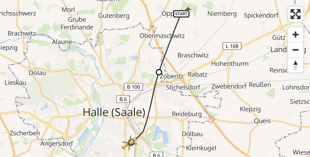 Flugroute Rettungshubschrauber Landsberg - BG Hospital Bergmannstrost Halle, 30 August 2026, 14:16