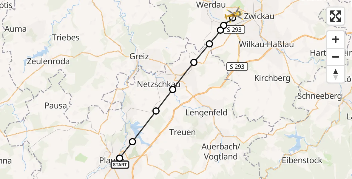Flugroute Rettungshubschrauber Helios Clinic Plauen - ADAC Air Rescue Station Zwickau Hubschrauberlandeplatz, 30 August 2026, 14:22