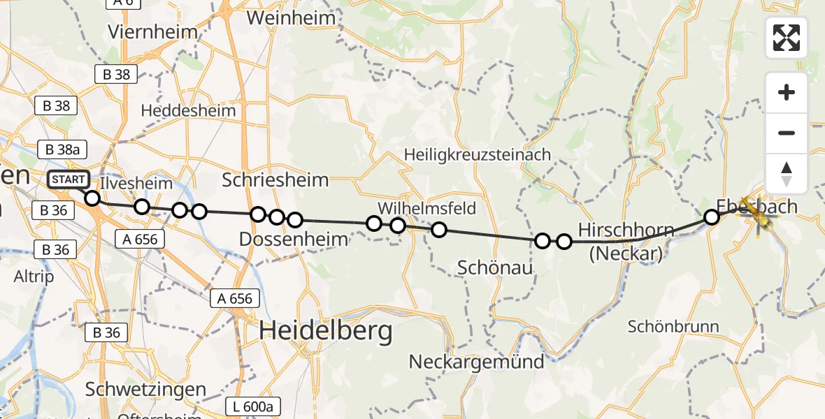 Flugroute Rettungshubschrauber Mannheim-City Flughafen - Eberbach, 30 August 2026, 14:32