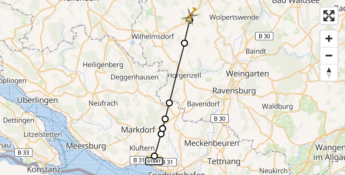 Flugroute Rettungshubschrauber Friedrichshafen Hospital - Ebenweiler, 30 August 2026, 14:34