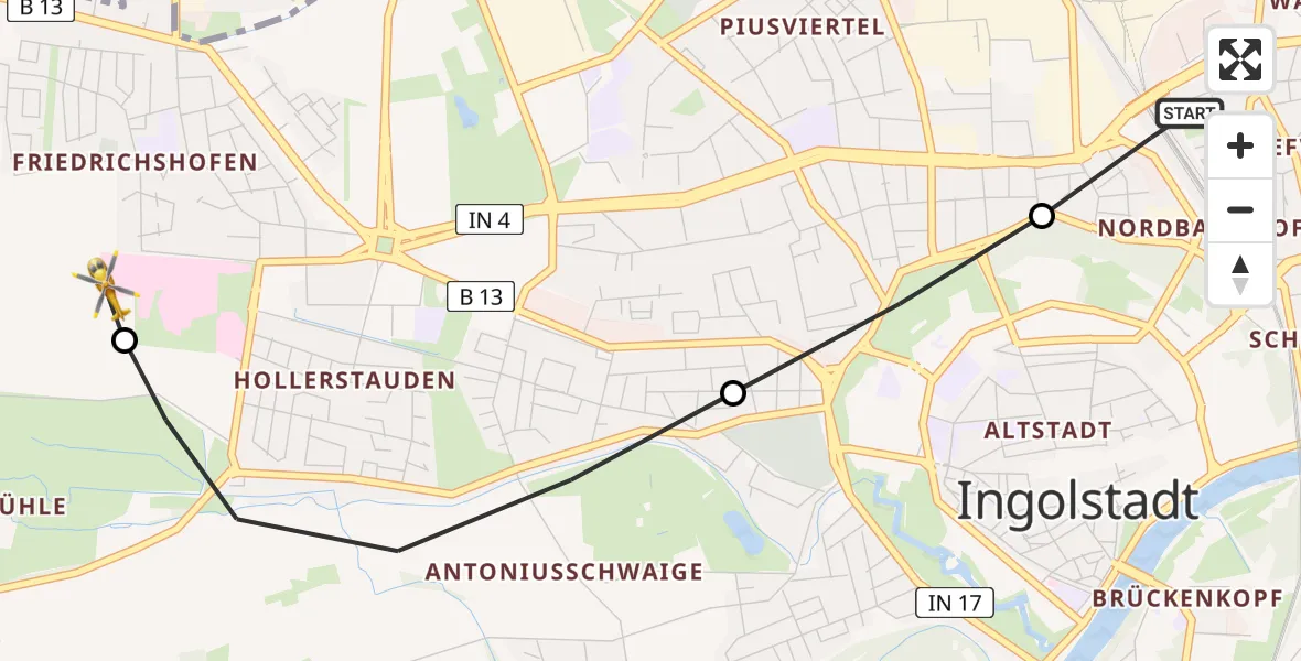 Flugroute Rettungshubschrauber Ingolstadt - Ingolstadt Hospital, 30 August 2026, 14:34