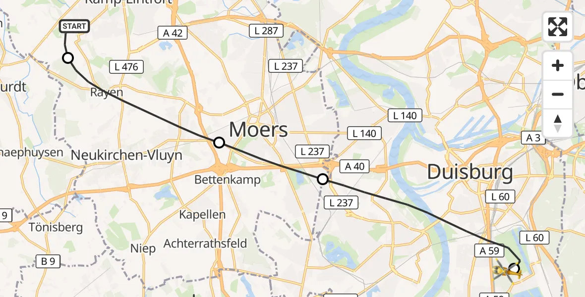 Flugroute Rettungshubschrauber Kamp-Lintfort - Sana Clinic Duisburg Hubschrauberlandeplatz, 30 August 2026, 14:37