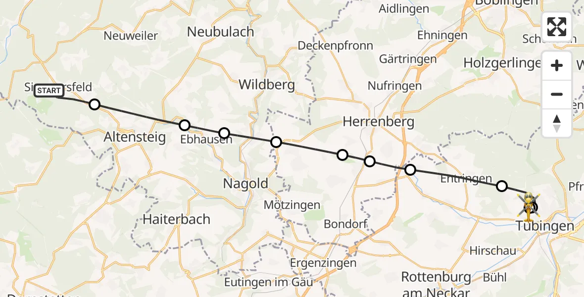 Flugroute Rettungshubschrauber Simmersfeld - Tübingen Trauma Hospital, 30 August 2026, 14:40
