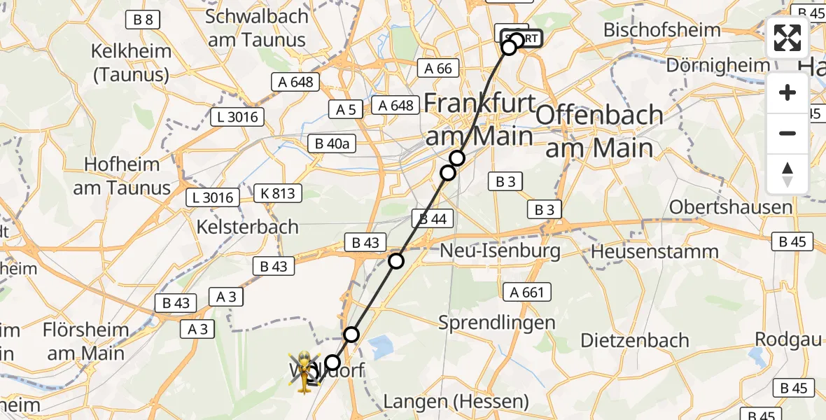 Flugroute Rettungshubschrauber Frankfurt am Main Accident Hospital Roof Helipad (CHX2) - Mörfelden-Walldorf, 30 August 2026, 14:43