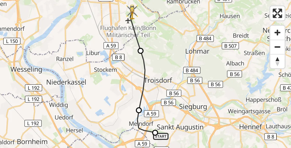 Flugroute Ambulanzhubschrauber Bonn-Hangelar Flugplatz - Köln Bonn Flughafen, 30 August 2026, 14:44
