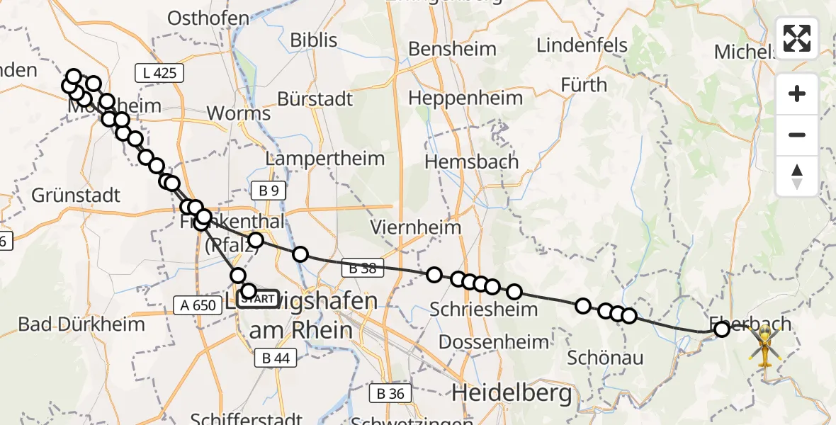 Flugroute Rettungshubschrauber Ludwigshafen Accident Hospital - Eberbach, 30 August 2026, 14:47