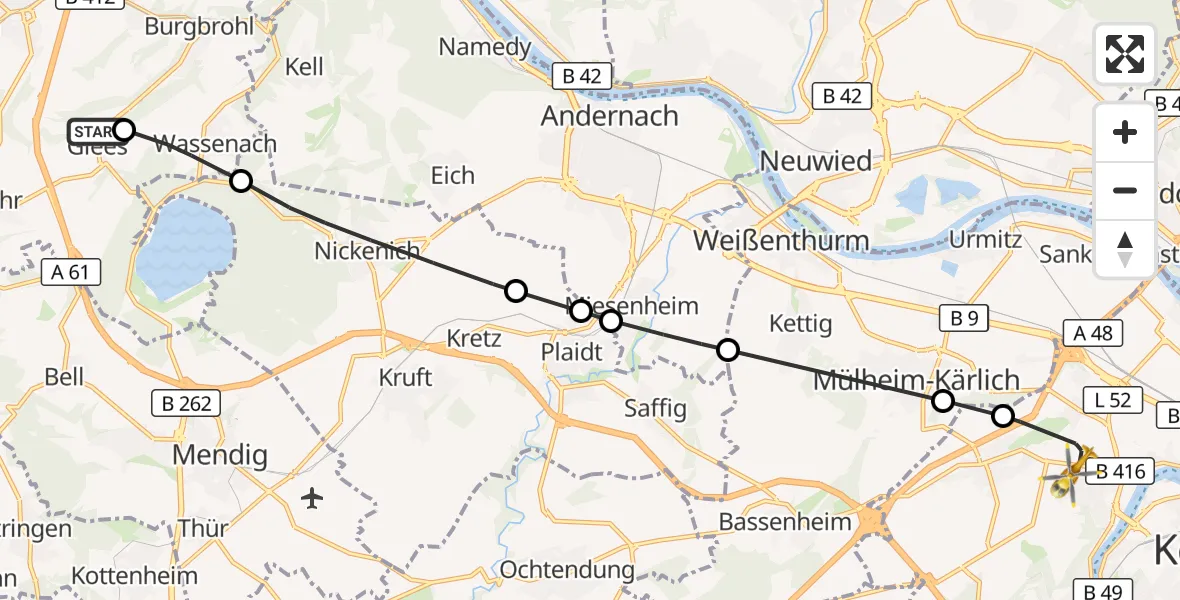 Flugroute Rettungshubschrauber Glees - Koblenz, 30 August 2026, 14:49