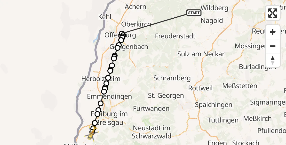 Flugroute Ambulanzhubschrauber Altensteig - Bad Krozingen, 30 August 2026, 14:50